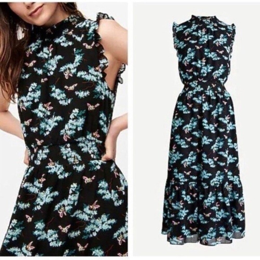 J.Crew Botanical Bees Floral Midi Dress Smocked Waist Cottagecore Black Small